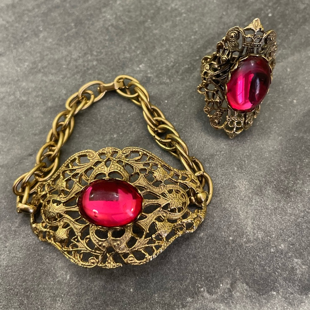 Vintage West Germany Gold Filigree Bracelet Red Glass Ring Set - Picture 7 of 16